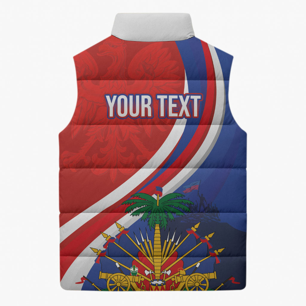 Personalized Haiti and Poland Cultural Fusion Sleeveless Puffer Jacket White Eagle and Haitian Independence Symbols