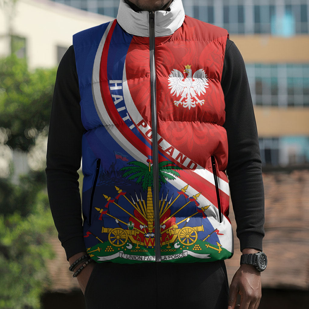 Personalized Haiti and Poland Cultural Fusion Sleeveless Puffer Jacket White Eagle and Haitian Independence Symbols