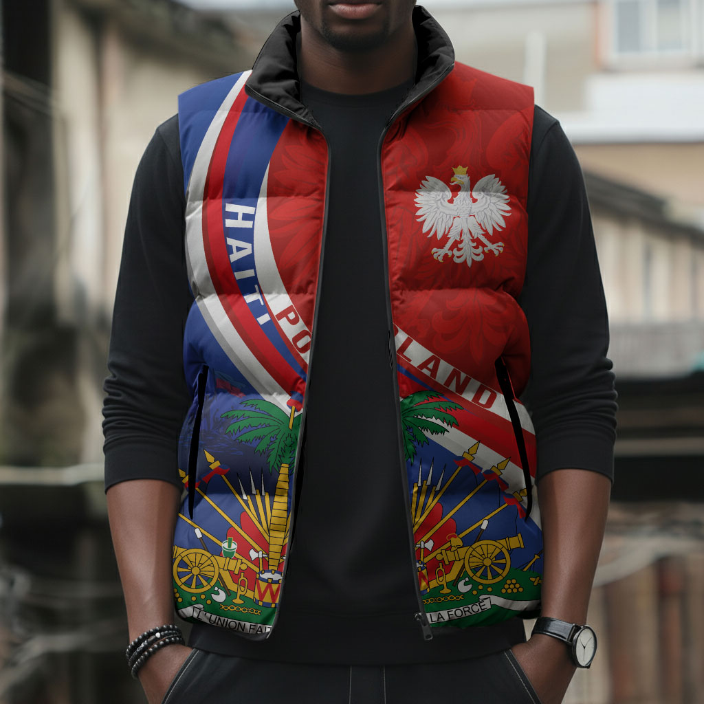 Personalized Haiti and Poland Cultural Fusion Sleeveless Puffer Jacket White Eagle and Haitian Independence Symbols