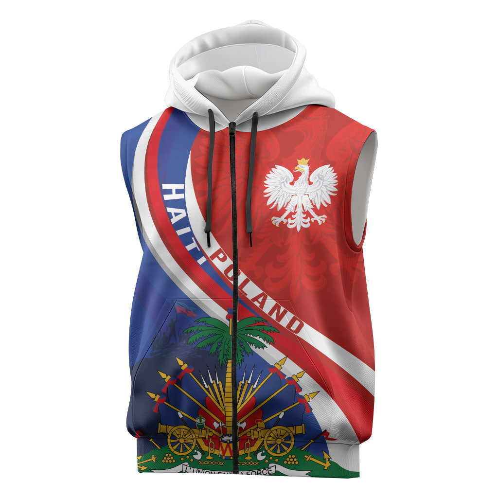 Personalized Haiti and Poland Cultural Fusion Sleeveless Zip Hoodie White Eagle and Haitian Independence Symbols