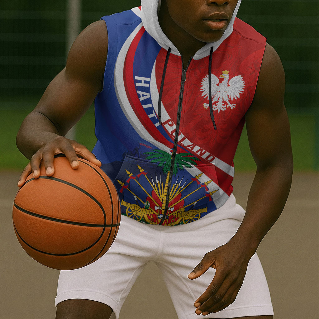 Personalized Haiti and Poland Cultural Fusion Sleeveless Zip Hoodie White Eagle and Haitian Independence Symbols