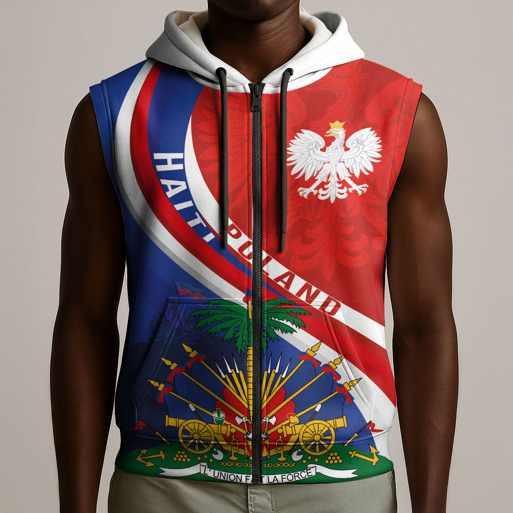 Personalized Haiti and Poland Cultural Fusion Sleeveless Zip Hoodie White Eagle and Haitian Independence Symbols