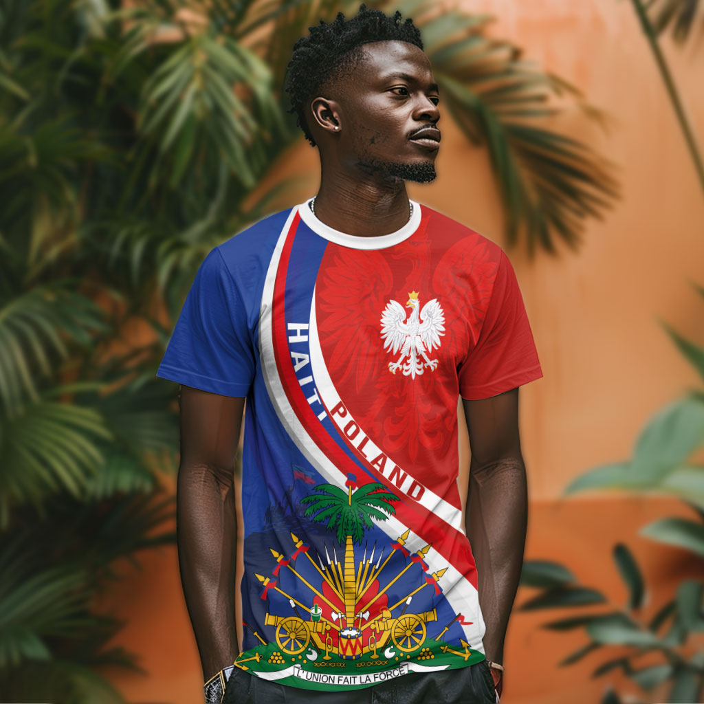 Personalized Haiti and Poland Cultural Fusion T shirt White Eagle and Haitian Independence Symbols