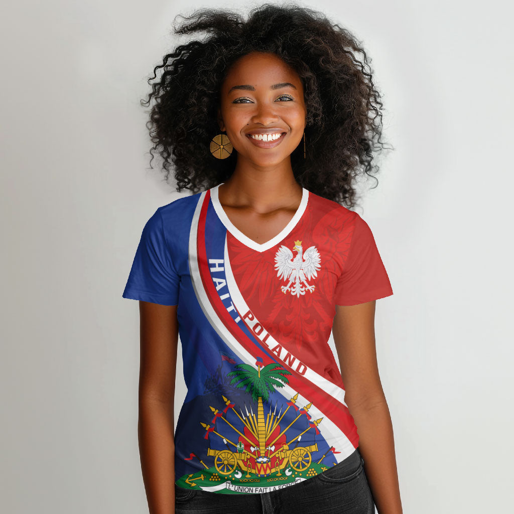 Personalized Haiti and Poland Cultural Fusion Women V-Neck T-Shirt White Eagle and Haitian Independence Symbols