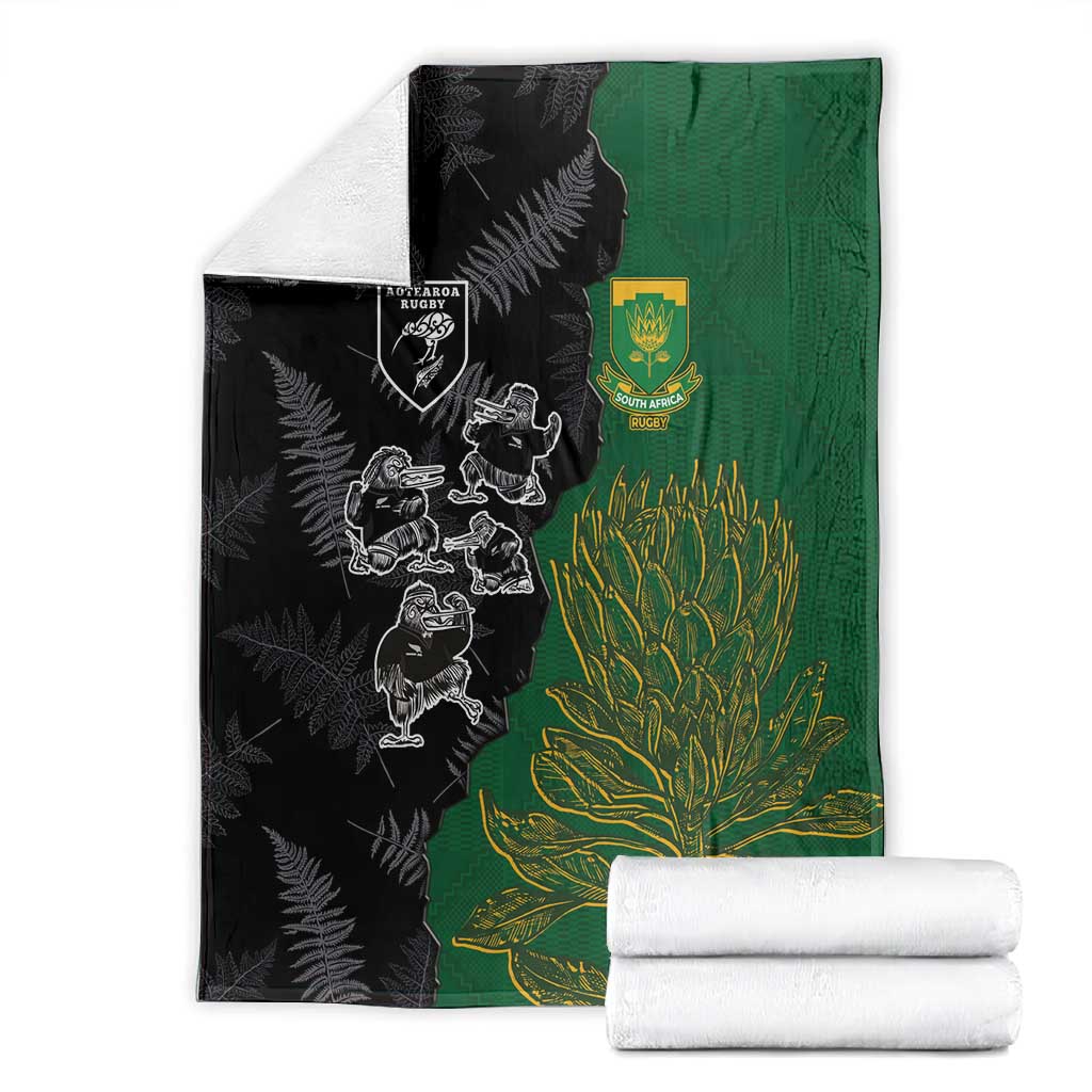 Aotearoa South Africa Rugby Freedom Cup Blanket Kiwi Warriors Haka with King Protea Symbol - African Pride