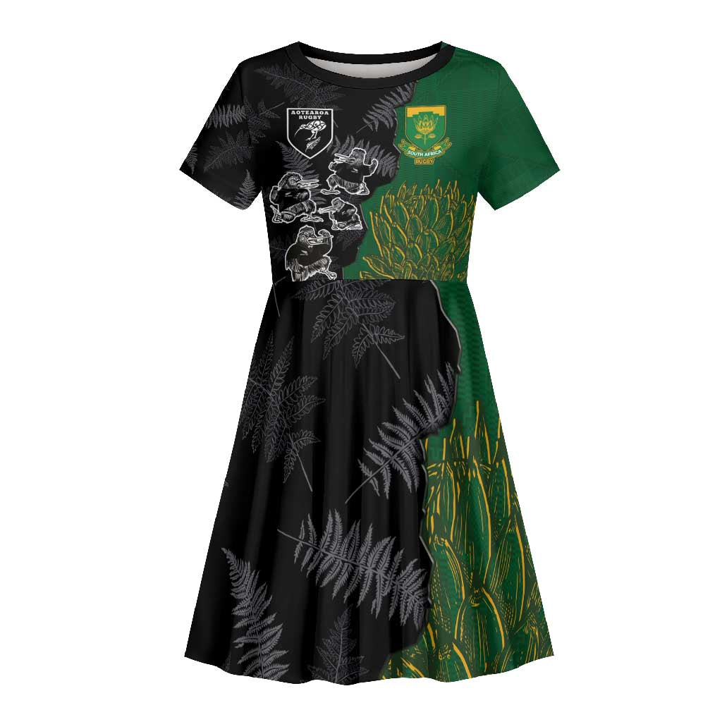 Custom Aotearoa South Africa Rugby Freedom Cup Kid Short Sleeve Dress Kiwi Warriors Haka with King Protea Symbol - African Pride
