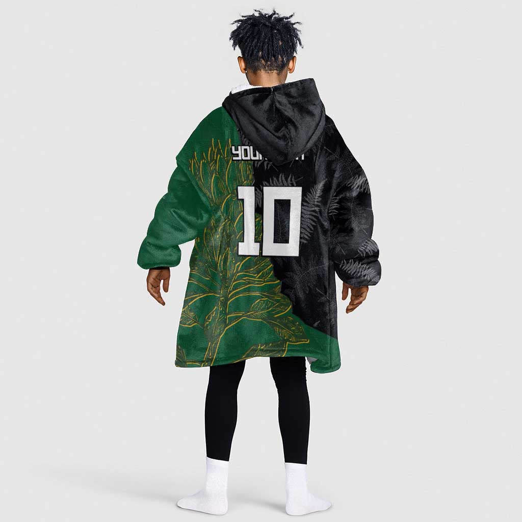Custom Aotearoa South Africa Rugby Freedom Cup Kid Wearable Blanket Hoodie Kiwi Warriors Haka with King Protea Symbol - African Pride