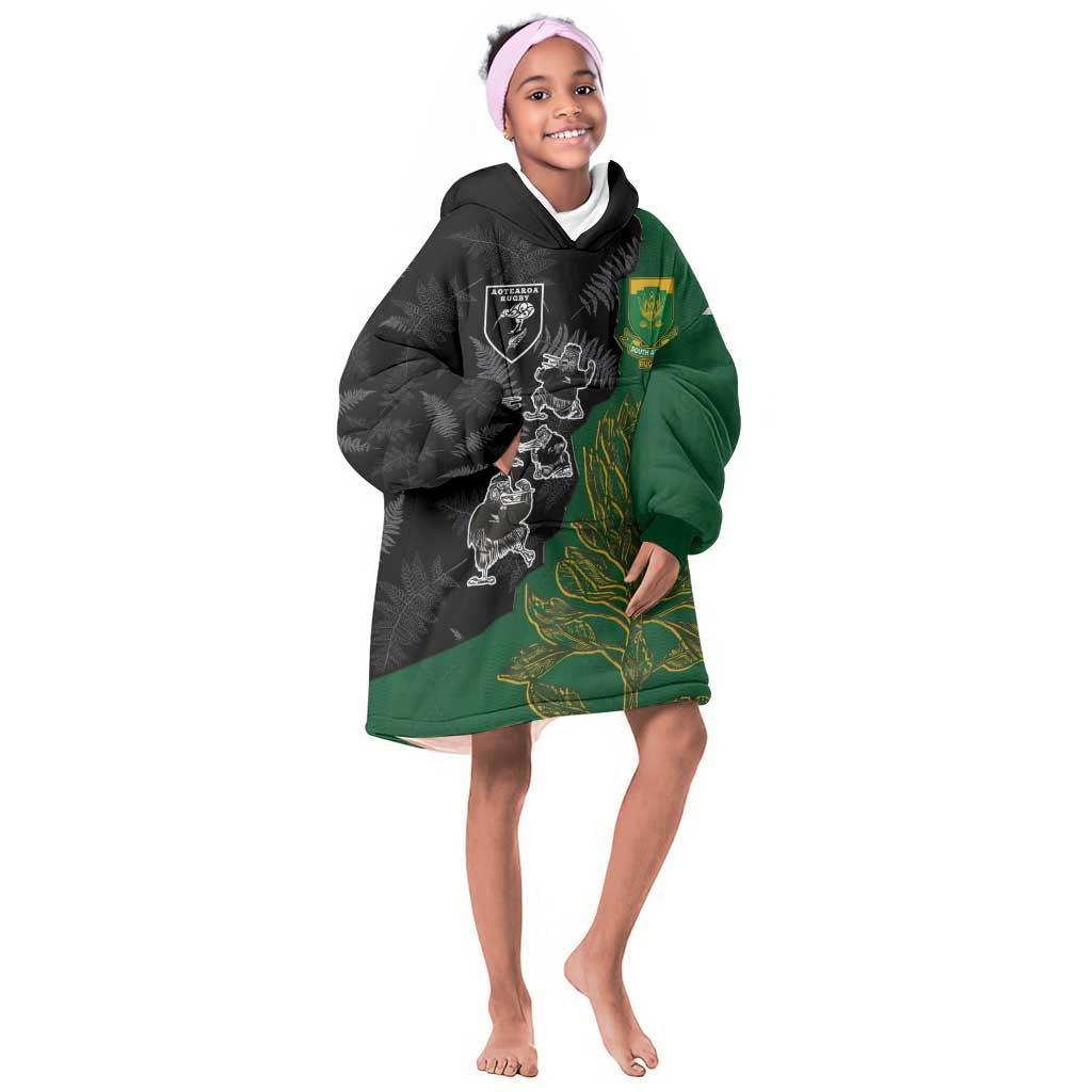 Custom Aotearoa South Africa Rugby Freedom Cup Kid Wearable Blanket Hoodie Kiwi Warriors Haka with King Protea Symbol - African Pride