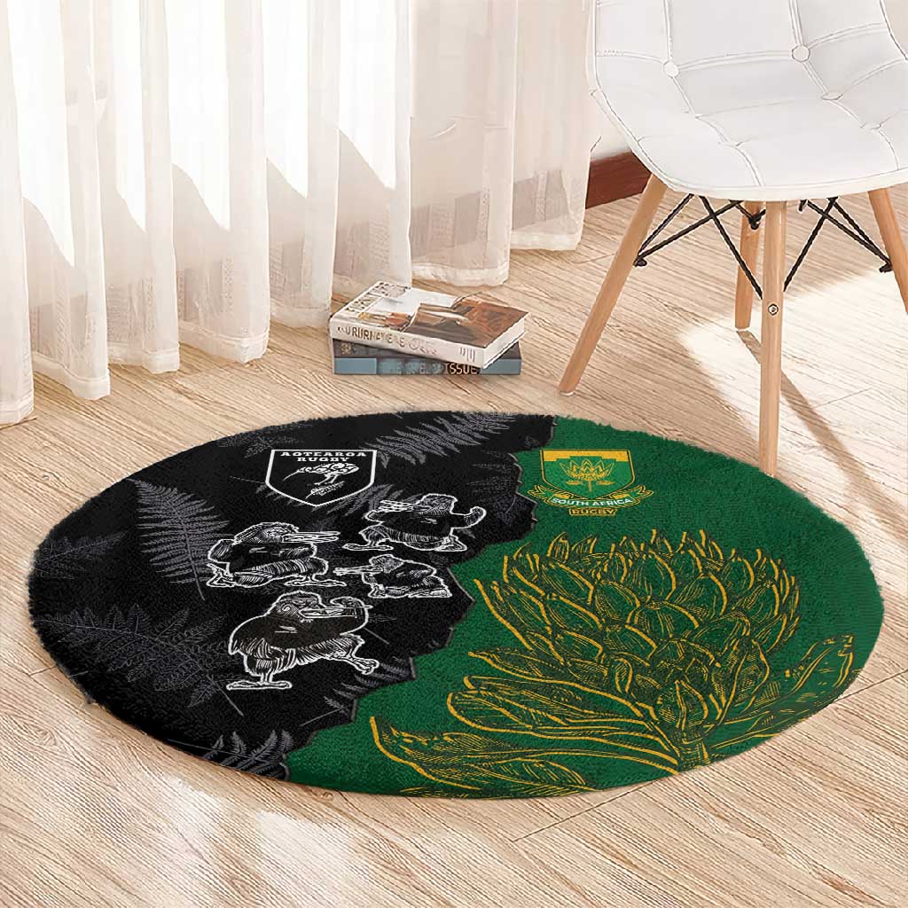 Aotearoa South Africa Rugby Freedom Cup Round Carpet Kiwi Warriors Haka with King Protea Symbol - African Pride
