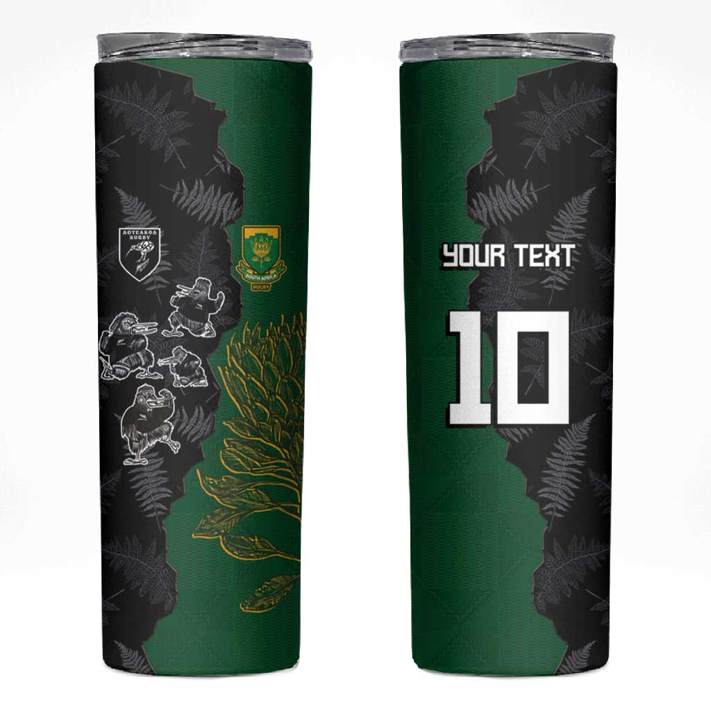 Custom Aotearoa South Africa Rugby Freedom Cup Skinny Tumbler Kiwi Warriors Haka with King Protea Symbol - African Pride