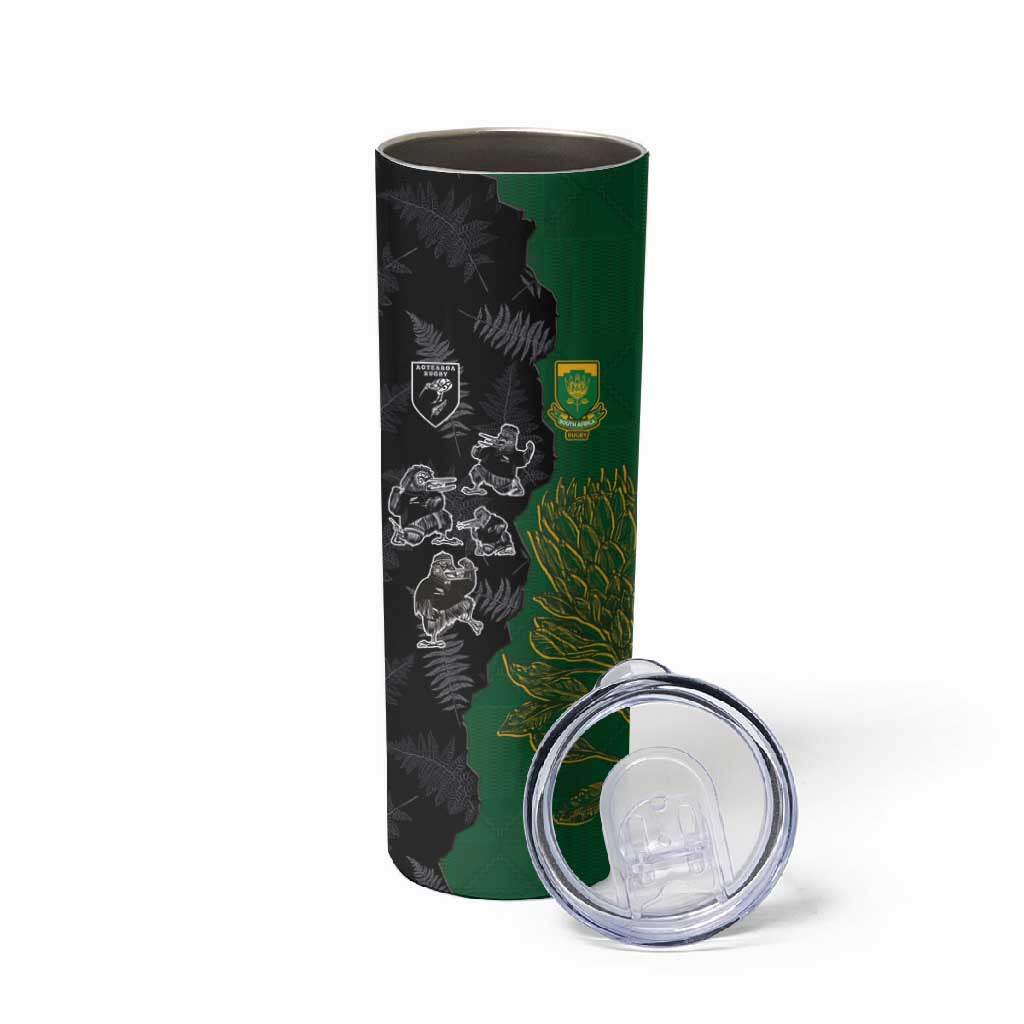 Custom Aotearoa South Africa Rugby Freedom Cup Skinny Tumbler Kiwi Warriors Haka with King Protea Symbol - African Pride