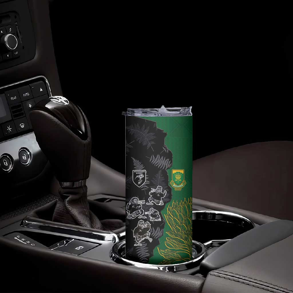Custom Aotearoa South Africa Rugby Freedom Cup Skinny Tumbler Kiwi Warriors Haka with King Protea Symbol - African Pride