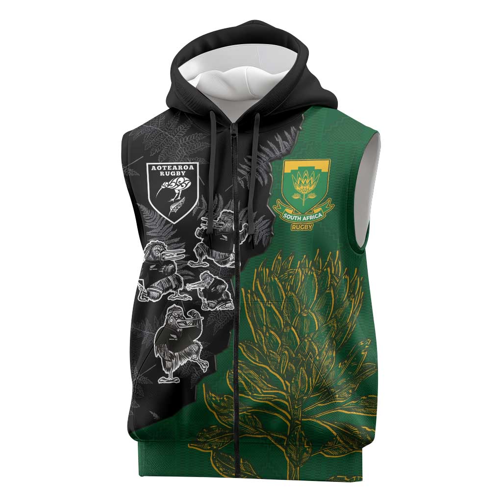Custom Aotearoa South Africa Rugby Freedom Cup Sleeveless Zip Hoodie Kiwi Warriors Haka with King Protea Symbol - African Pride