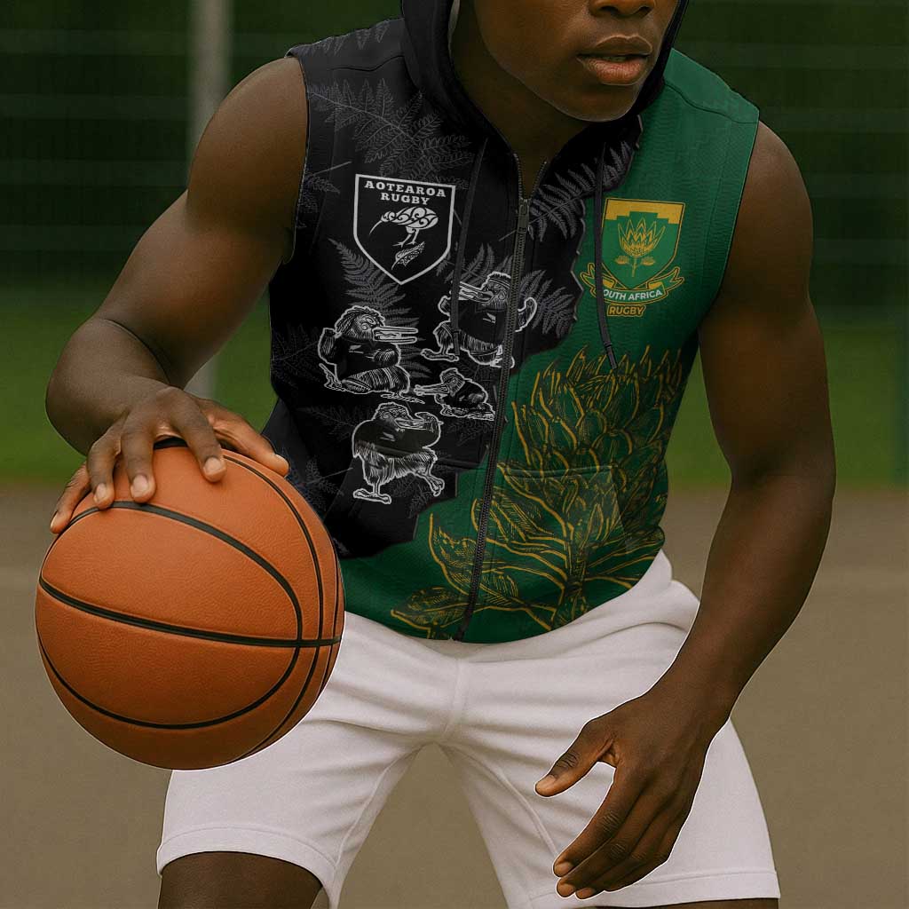 Custom Aotearoa South Africa Rugby Freedom Cup Sleeveless Zip Hoodie Kiwi Warriors Haka with King Protea Symbol - African Pride