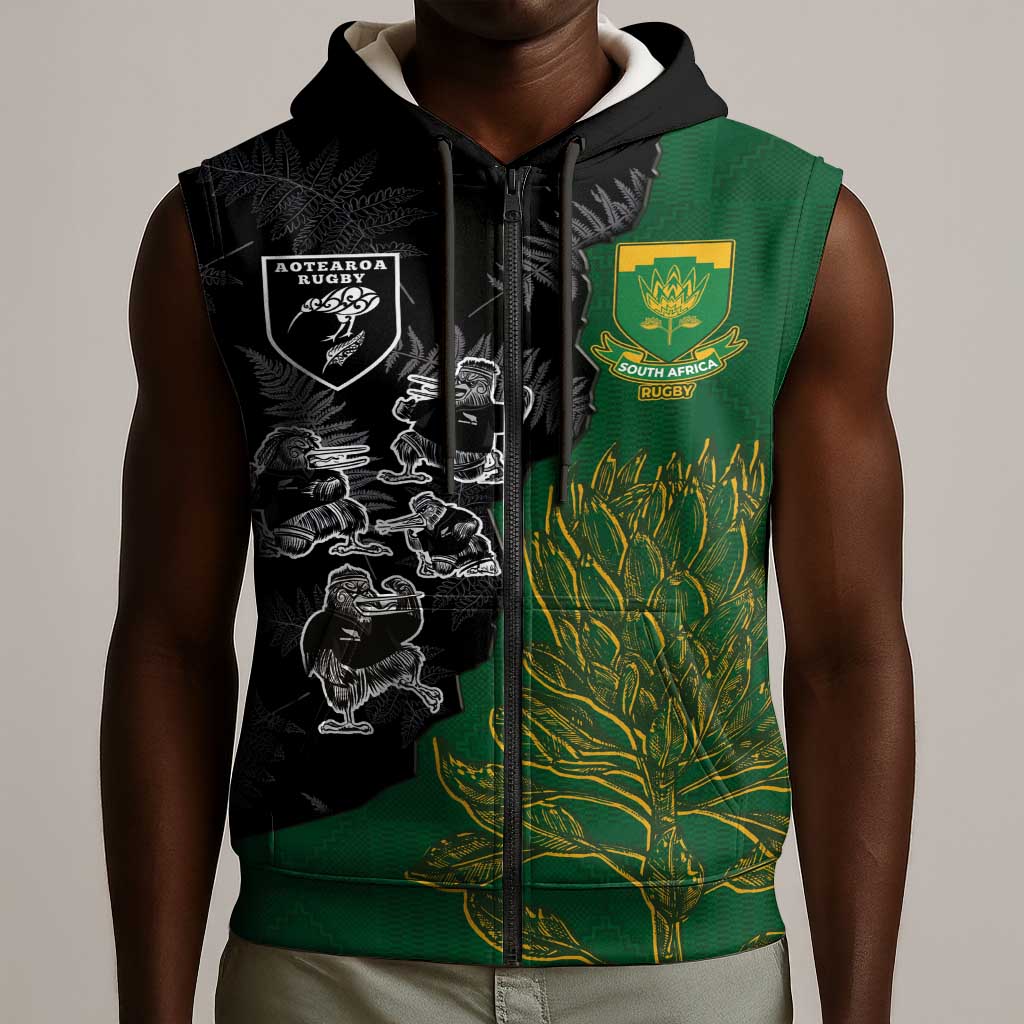 Custom Aotearoa South Africa Rugby Freedom Cup Sleeveless Zip Hoodie Kiwi Warriors Haka with King Protea Symbol - African Pride