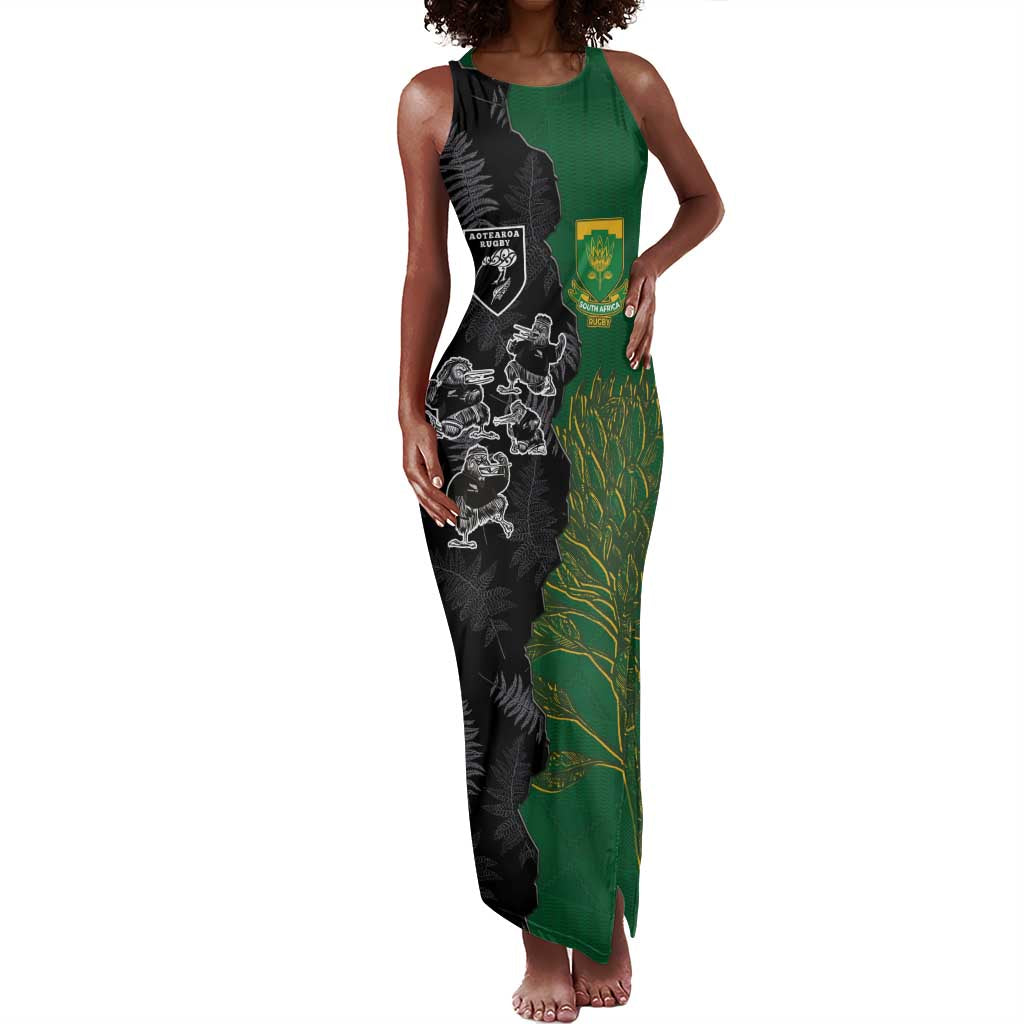 Custom Aotearoa South Africa Rugby Freedom Cup Tank Maxi Dress Kiwi Warriors Haka with King Protea Symbol - African Pride