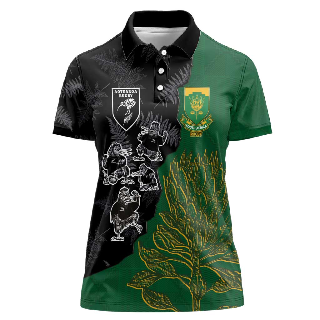 Custom Aotearoa South Africa Rugby Freedom Cup Women Polo Shirt Kiwi Warriors Haka with King Protea Symbol - African Pride