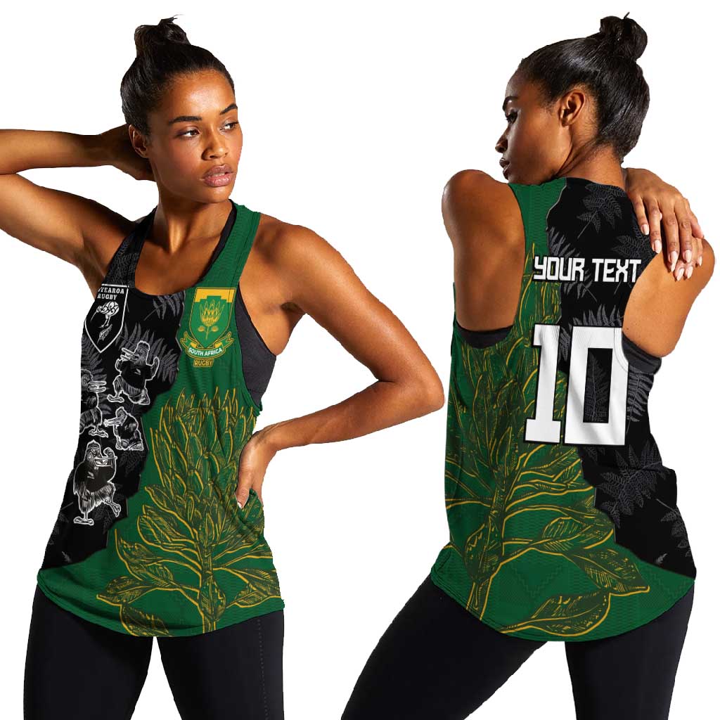 Custom Aotearoa South Africa Rugby Freedom Cup Women Racerback Tank Kiwi Warriors Haka with King Protea Symbol - African Pride