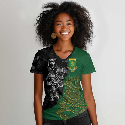 Custom Aotearoa South Africa Rugby Freedom Cup Women V-Neck T-Shirt Kiwi Warriors Haka with King Protea Symbol - African Pride