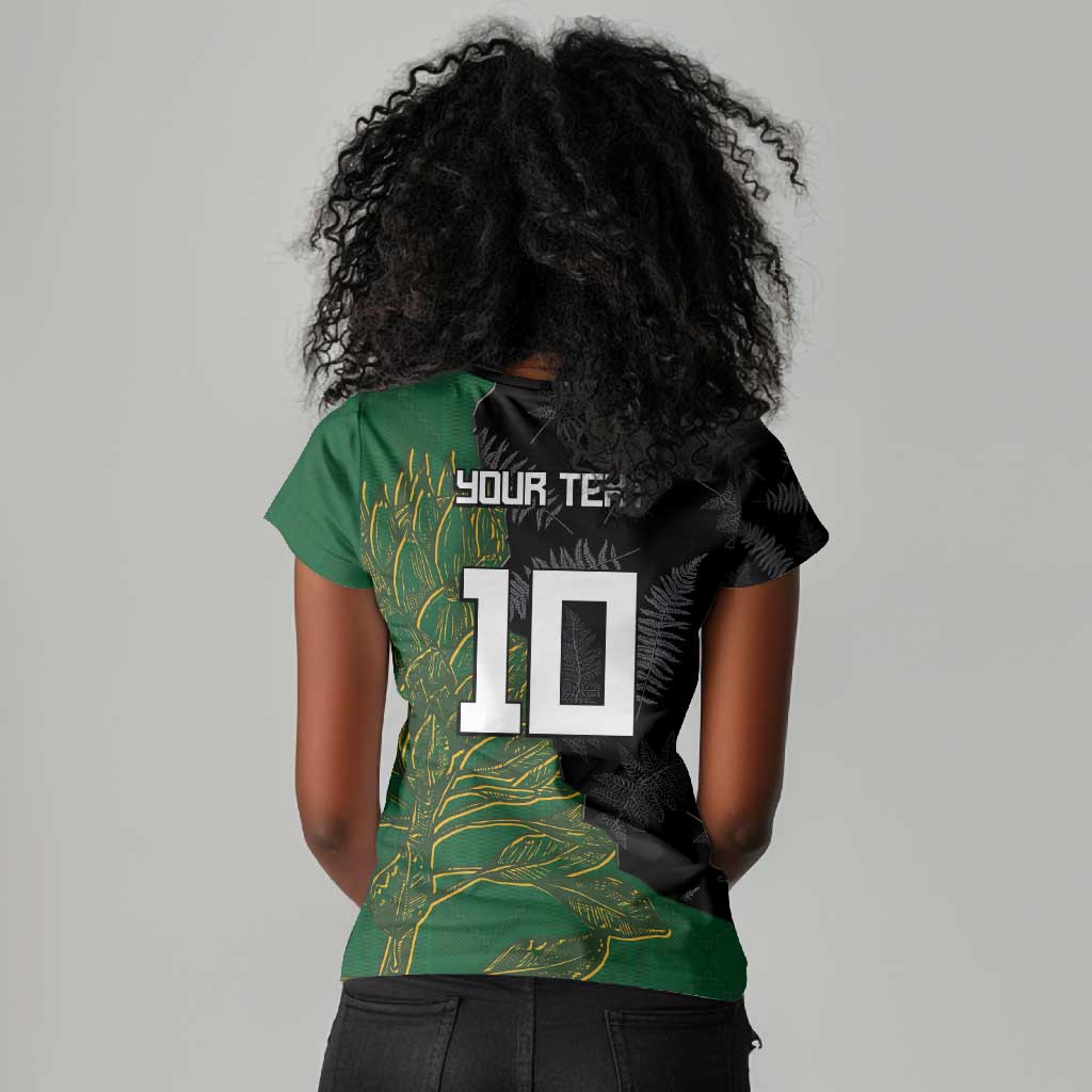 Custom Aotearoa South Africa Rugby Freedom Cup Women V-Neck T-Shirt Kiwi Warriors Haka with King Protea Symbol - African Pride
