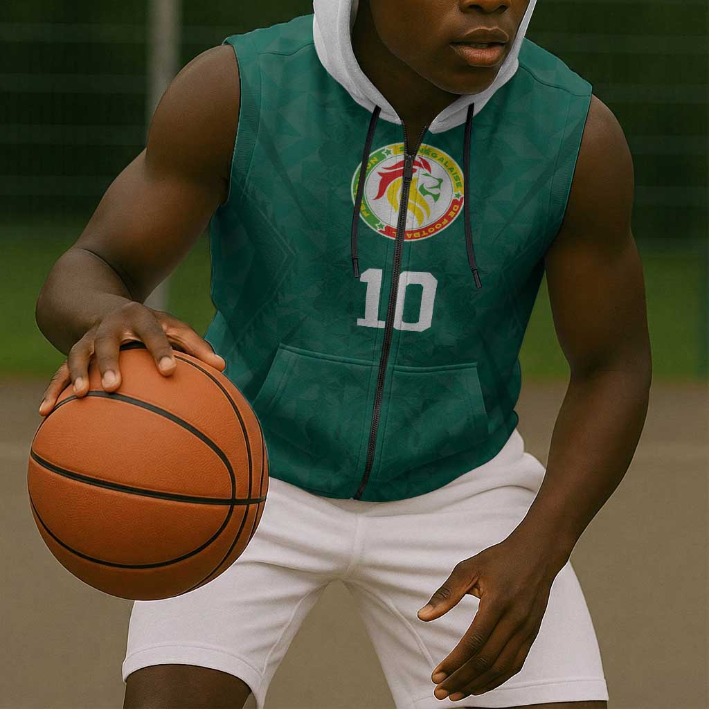 Custom Senegal Football Sleeveless Zip Hoodie Traditional Senegalese Fabric Sporty Style