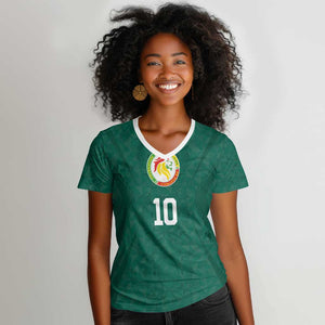 Custom Senegal Football Women V-Neck T-Shirt Traditional Senegalese Fabric Sporty Style