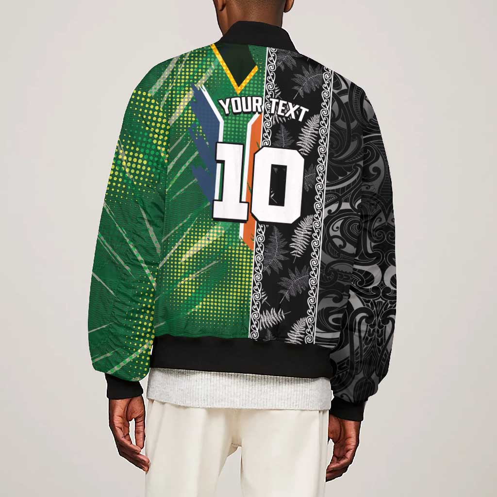 Custom Aotearoa South Africa Rugby Freedom Cup Bomber Jacket Maori Silver Fern Art and Sporty Flag SA - African Pride