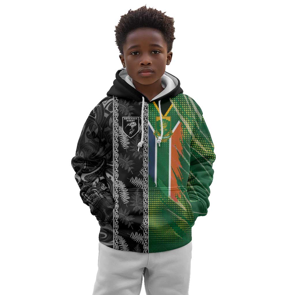 Custom Aotearoa South Africa Rugby Freedom Cup Kid Hoodie Maori Silver Fern Art and Sporty Flag SA - African Pride