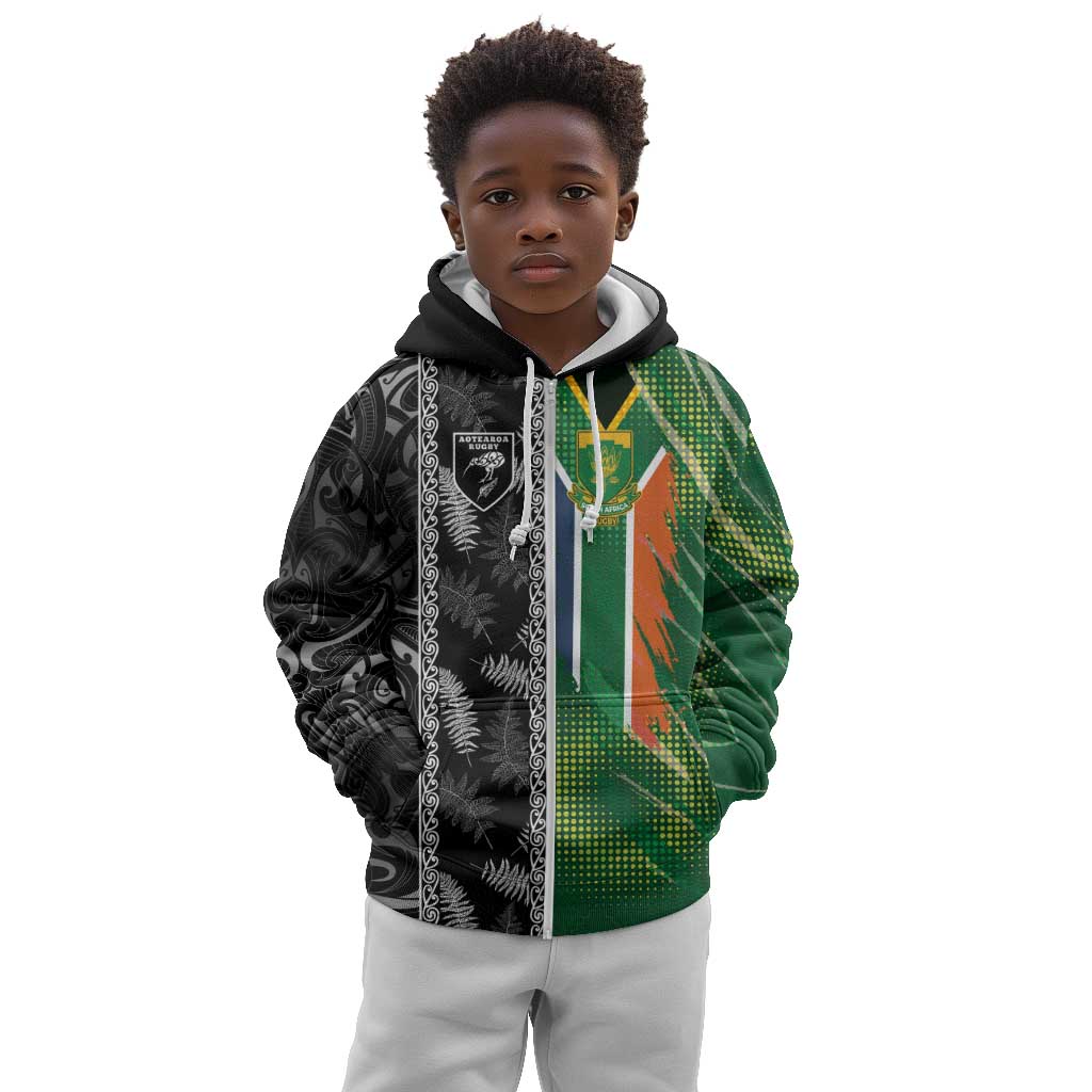 Custom Aotearoa South Africa Rugby Freedom Cup Kid Hoodie Maori Silver Fern Art and Sporty Flag SA - African Pride