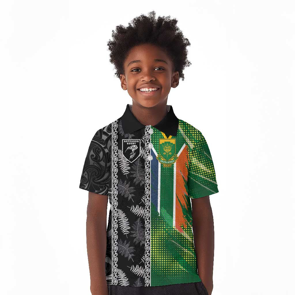 Custom Aotearoa South Africa Rugby Freedom Cup Kid Polo Shirt Maori Silver Fern Art and Sporty Flag SA - African Pride