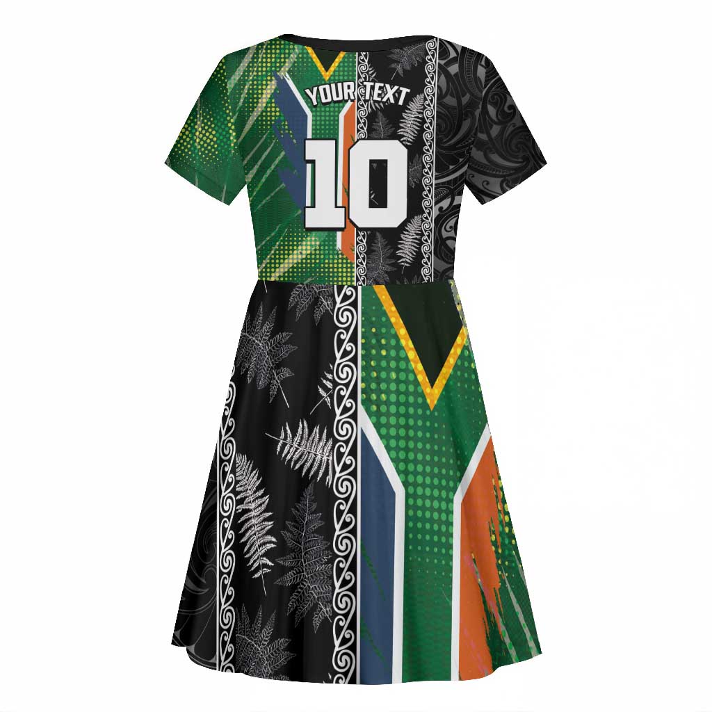 Custom Aotearoa South Africa Rugby Freedom Cup Kid Short Sleeve Dress Maori Silver Fern Art and Sporty Flag SA - African Pride