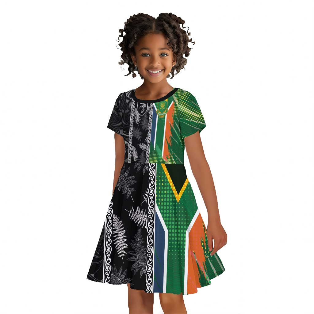 Custom Aotearoa South Africa Rugby Freedom Cup Kid Short Sleeve Dress Maori Silver Fern Art and Sporty Flag SA - African Pride