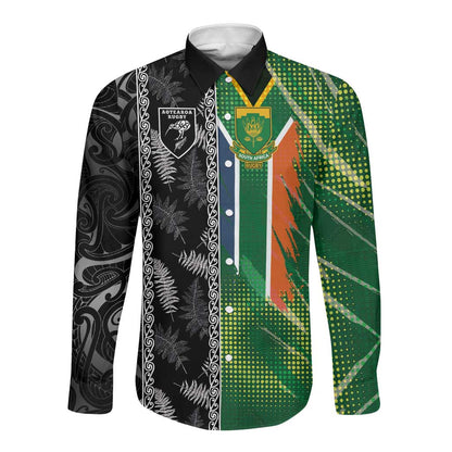 Custom Aotearoa South Africa Rugby Freedom Cup Long Sleeve Button Shirt Maori Silver Fern Art and Sporty Flag SA - African Pride