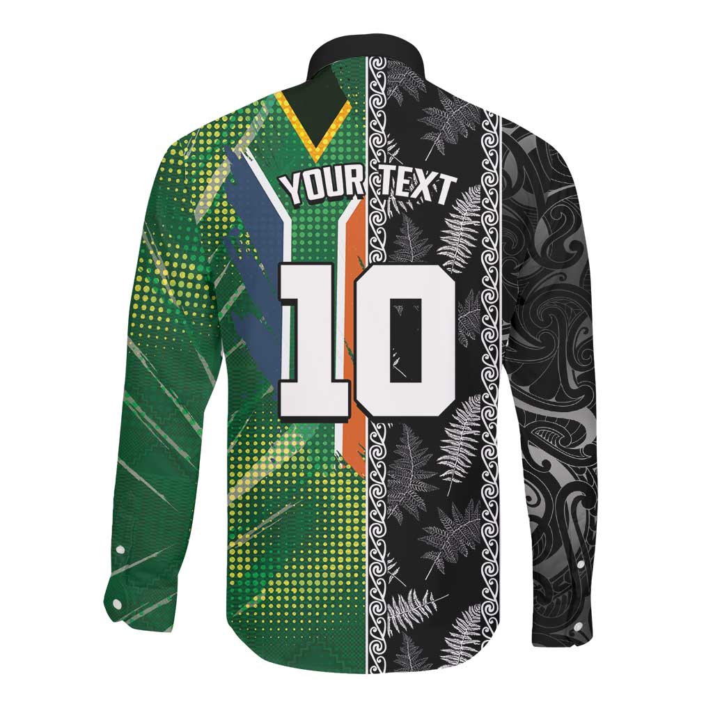 Custom Aotearoa South Africa Rugby Freedom Cup Long Sleeve Button Shirt Maori Silver Fern Art and Sporty Flag SA - African Pride