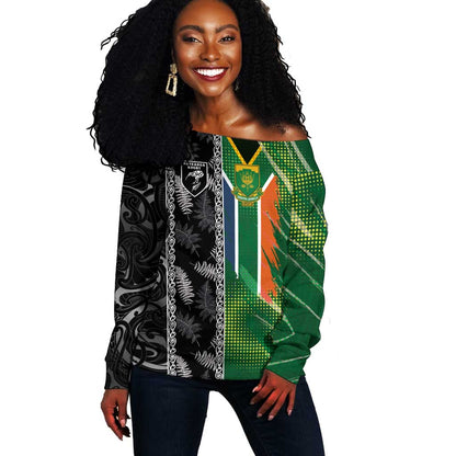 Custom Aotearoa South Africa Rugby Freedom Cup Off Shoulder Sweater Maori Silver Fern Art and Sporty Flag SA - African Pride