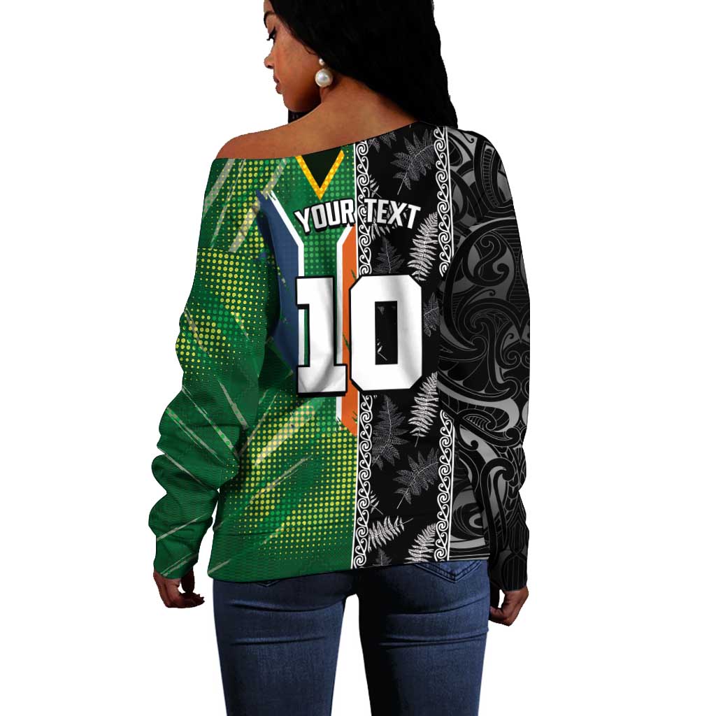 Custom Aotearoa South Africa Rugby Freedom Cup Off Shoulder Sweater Maori Silver Fern Art and Sporty Flag SA - African Pride