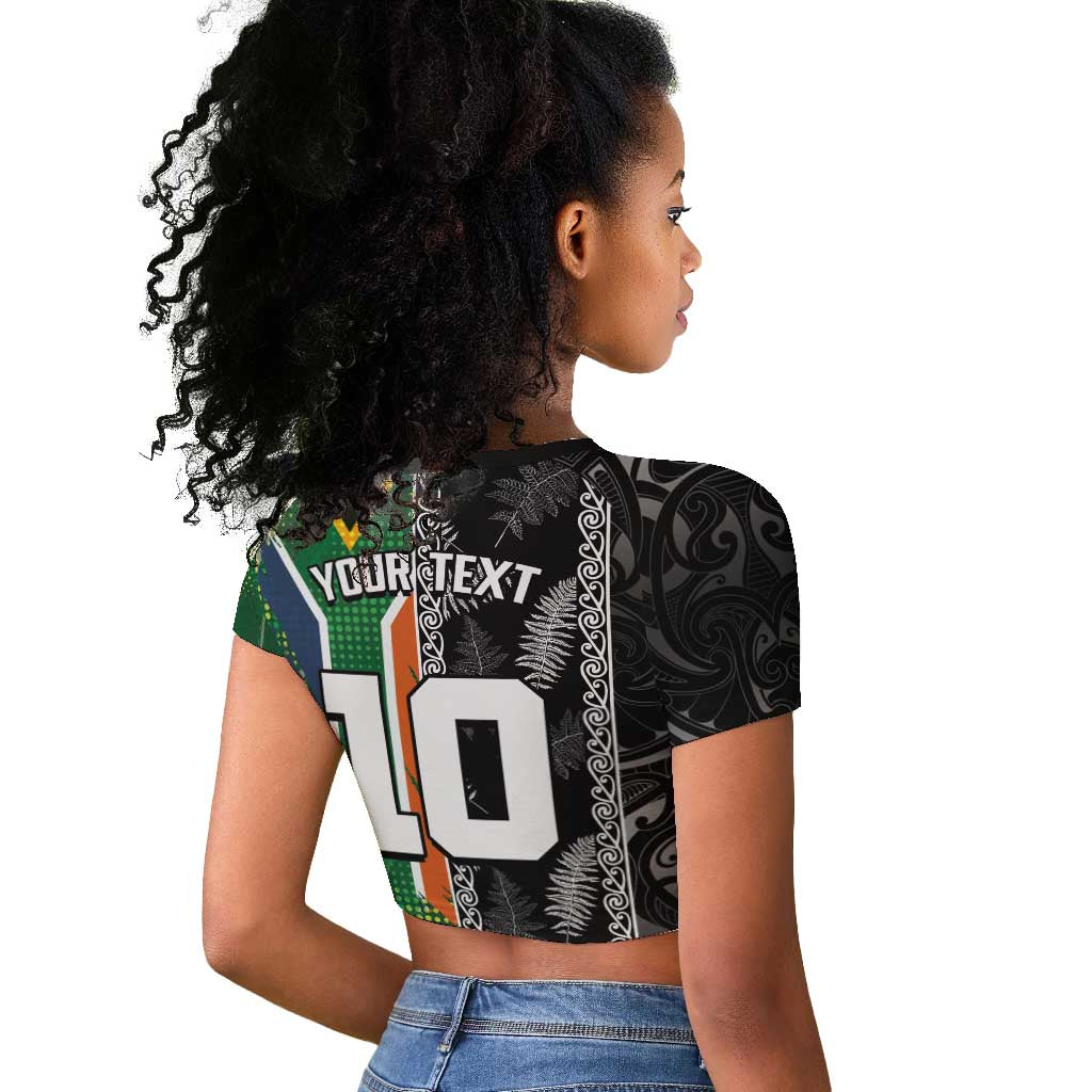 Custom Aotearoa South Africa Rugby Freedom Cup Raglan Cropped T shirt Maori Silver Fern Art and Sporty Flag SA - African Pride