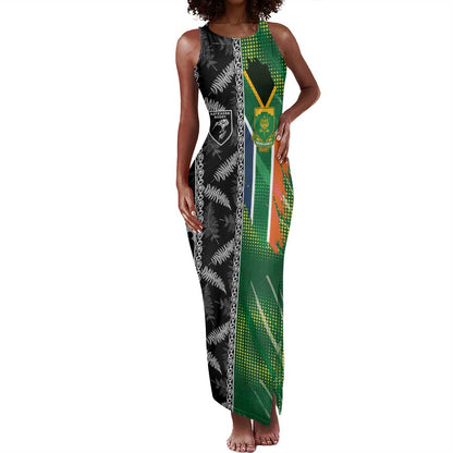 Custom Aotearoa South Africa Rugby Freedom Cup Tank Maxi Dress Maori Silver Fern Art and Sporty Flag SA - African Pride