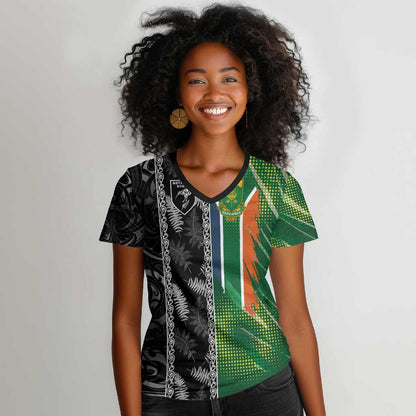 Custom Aotearoa South Africa Rugby Freedom Cup Women V-Neck T-Shirt Maori Silver Fern Art and Sporty Flag SA - African Pride