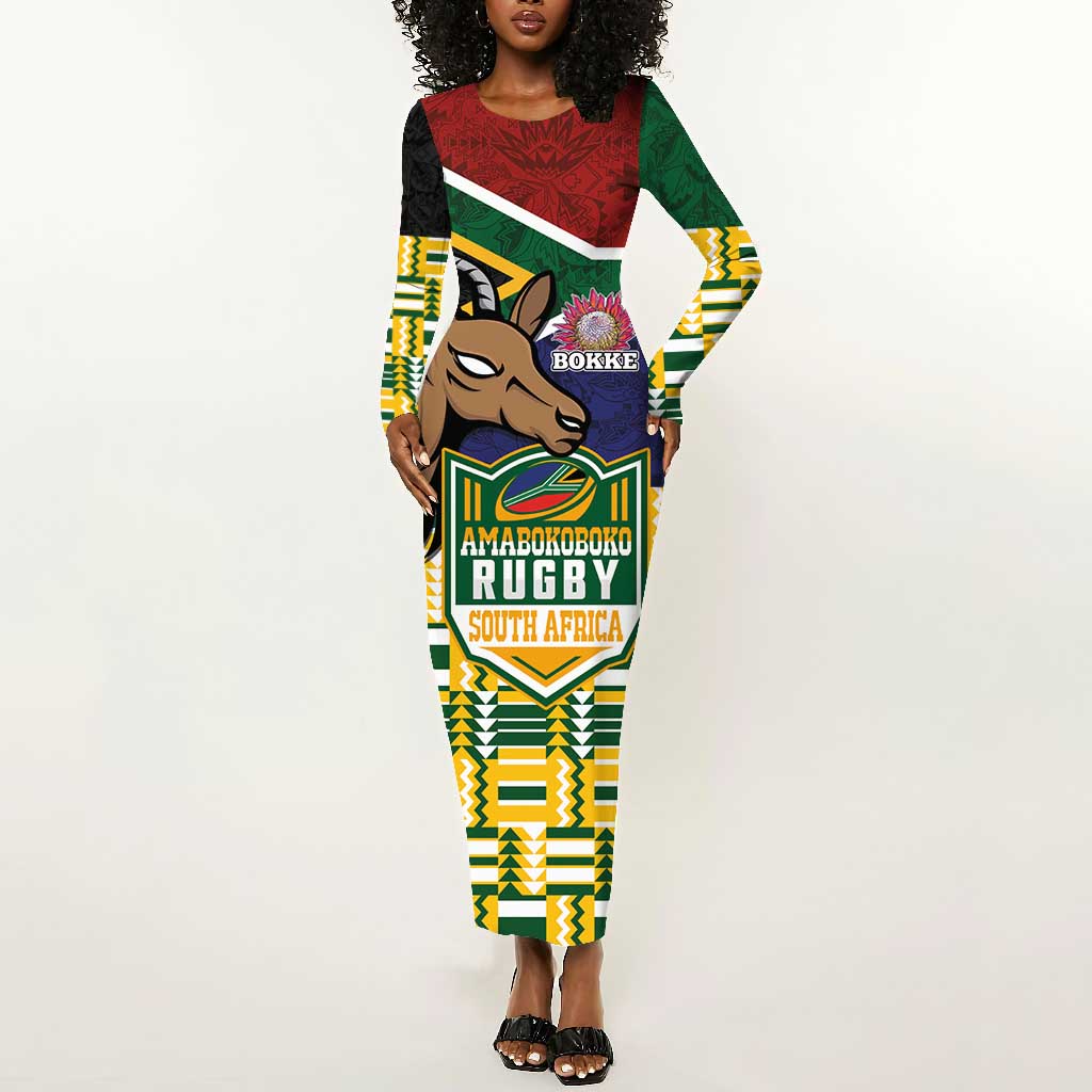 South Africa Rugby Long Sleeve Bodycon Dress Go Bokke-Amabokoboko Spirit - African Pride