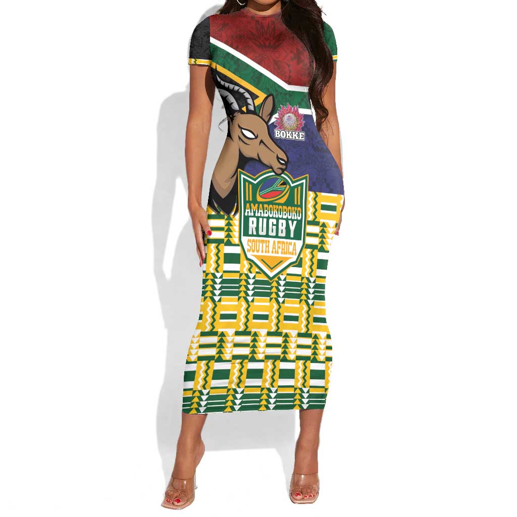 South Africa Rugby Short Sleeve Bodycon Dress Go Bokke-Amabokoboko Spirit - African Pride