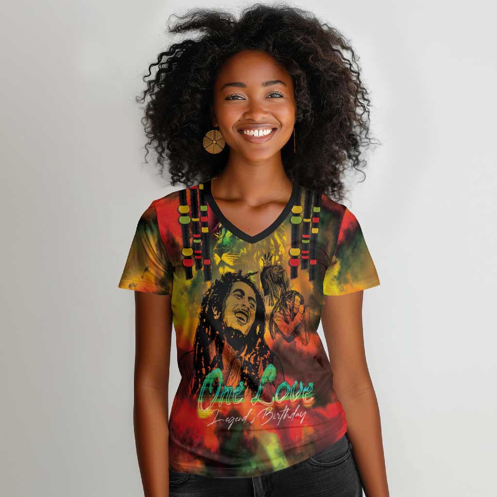 Afro-Jamaican Reggae Legend's Birthday Women V-Neck T-Shirt One Love Jamaica