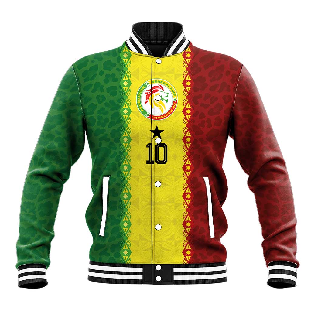 Custom Senegal National Football Baseball Jacket Lions Of Teranga Leopard Print Tribal Flag Graphic