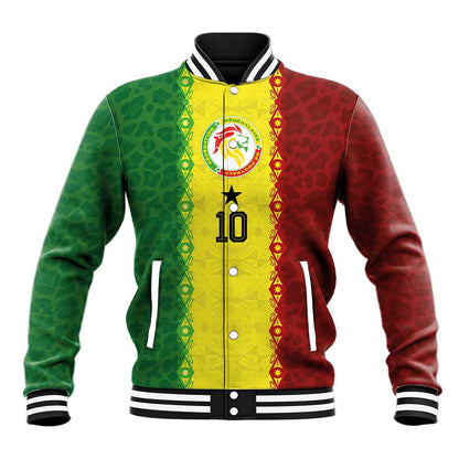 Custom Senegal National Football Baseball Jacket Lions Of Teranga Leopard Print Tribal Flag Graphic