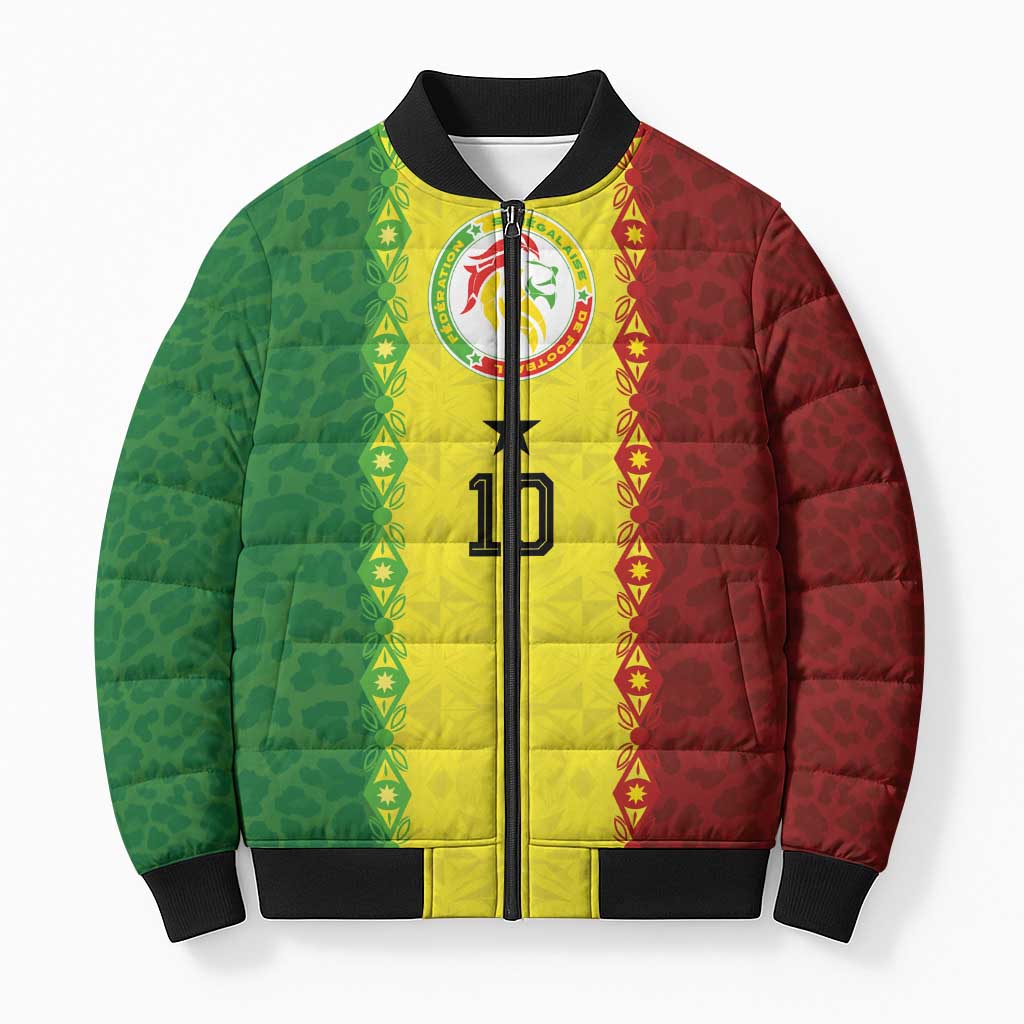 Custom Senegal National Football Bomber Puffer Jacket Lions Of Teranga Leopard Print Tribal Flag Graphic
