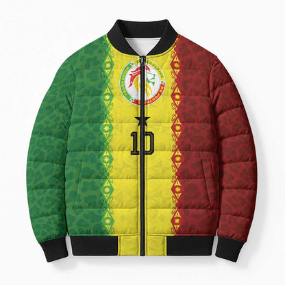 Custom Senegal National Football Bomber Puffer Jacket Lions Of Teranga Leopard Print Tribal Flag Graphic