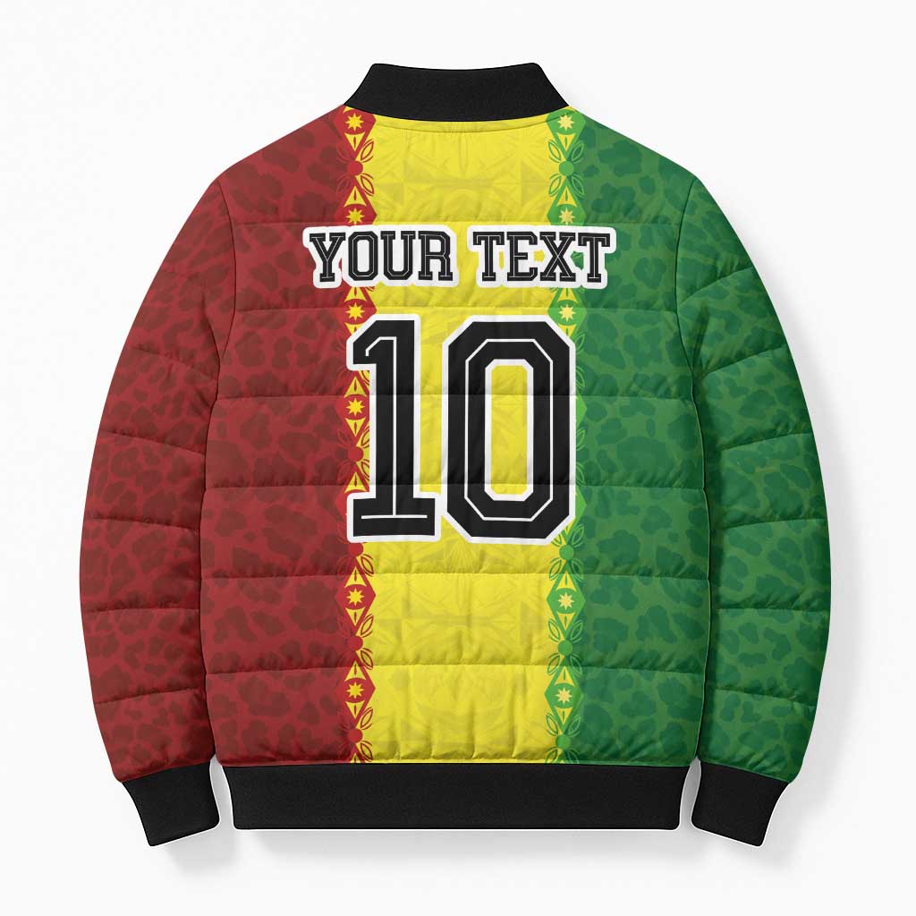 Custom Senegal National Football Bomber Puffer Jacket Lions Of Teranga Leopard Print Tribal Flag Graphic
