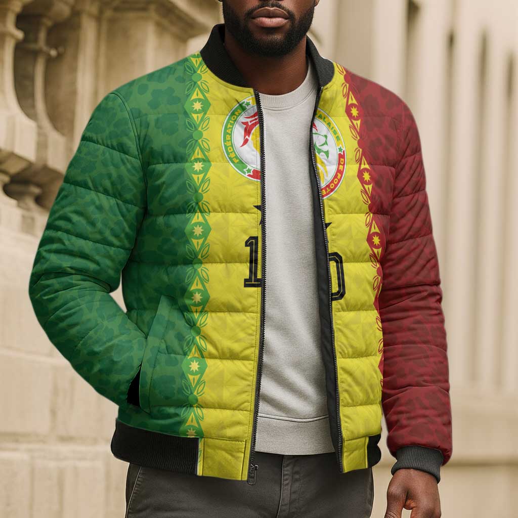 Custom Senegal National Football Bomber Puffer Jacket Lions Of Teranga Leopard Print Tribal Flag Graphic