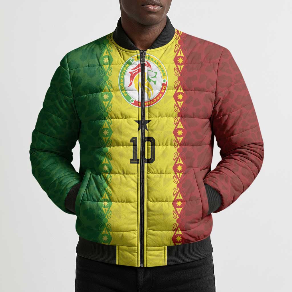 Custom Senegal National Football Bomber Puffer Jacket Lions Of Teranga Leopard Print Tribal Flag Graphic