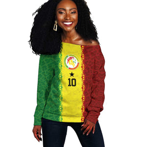 Custom Senegal National Football Off Shoulder Sweater Lions Of Teranga Leopard Print Tribal Flag Graphic